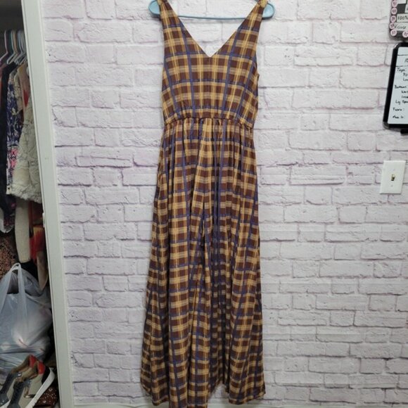 Staud Plaid Jumpsuit Extra Wide Leg Sleeveless Brown Blue Casual Size S - Picture 7 of 9